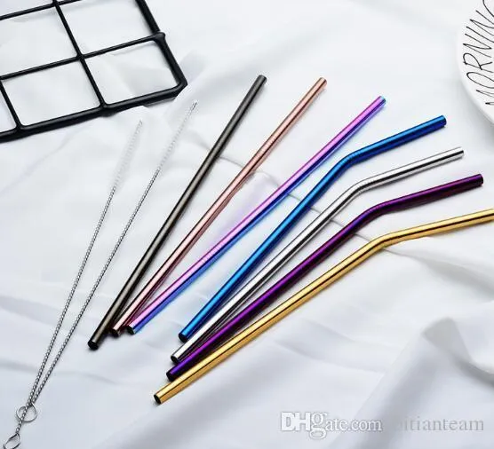 US STOCK~6*215mm 304 Stainless Steel Straw Bent And Straight Reusable Colorful Drinking Straws Metal Cleaner Brush Hotselling Tool FY4139