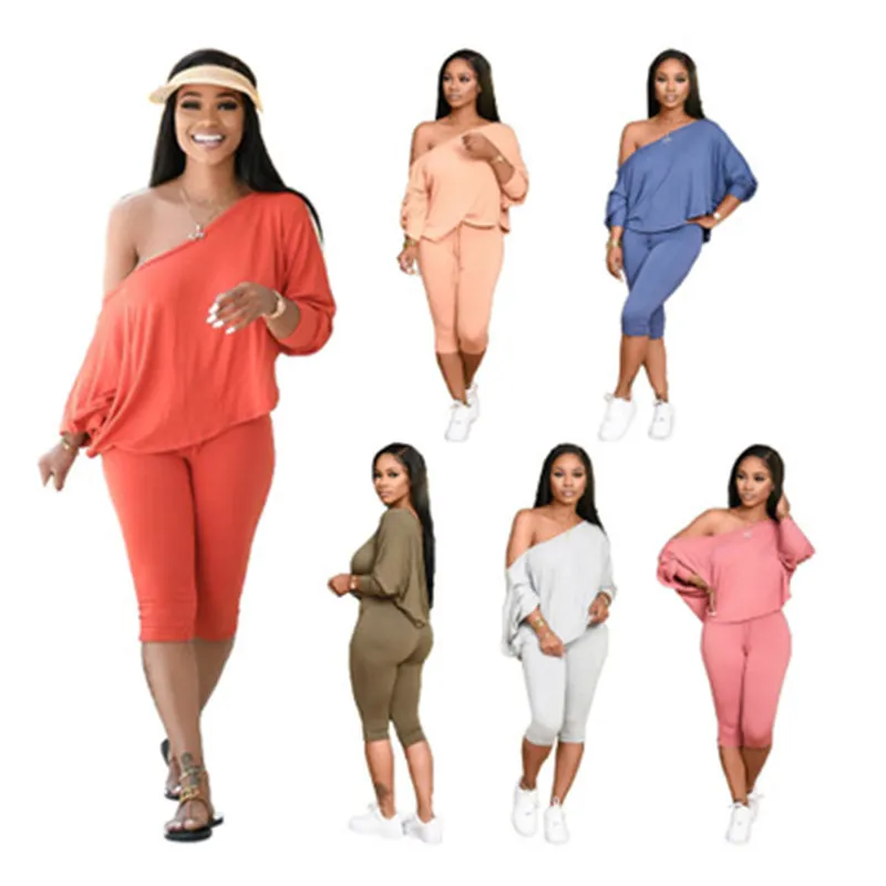 Women's Plus Size Tracksuit Set Fashionable Slant Shoulder Loose Fit,  Long Sleeve Top Slim Pants, Designer Casual 2-Piece Outfit