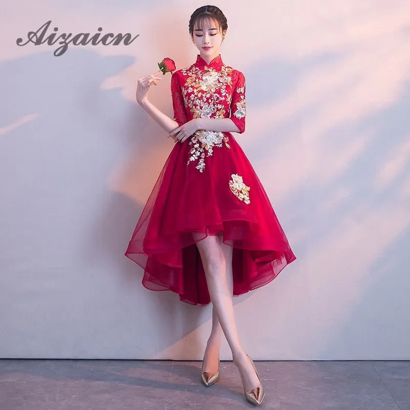 Lace Embroidery Women Traditional Red Flower Qipao Chinese Wedding Gowns Tradition Bride Dress Oriental Vintage Cheongsam