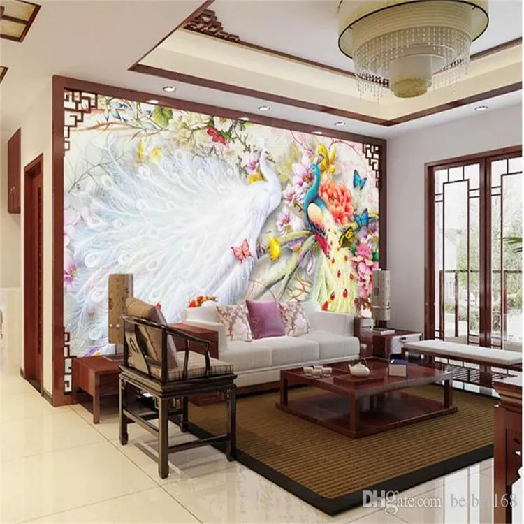 Китайский стиль Акварель павлина пион 3D Wall Фрески Обои Гостиная Спальня Backdrop Wall Home Decor Papel De Parede 3 D