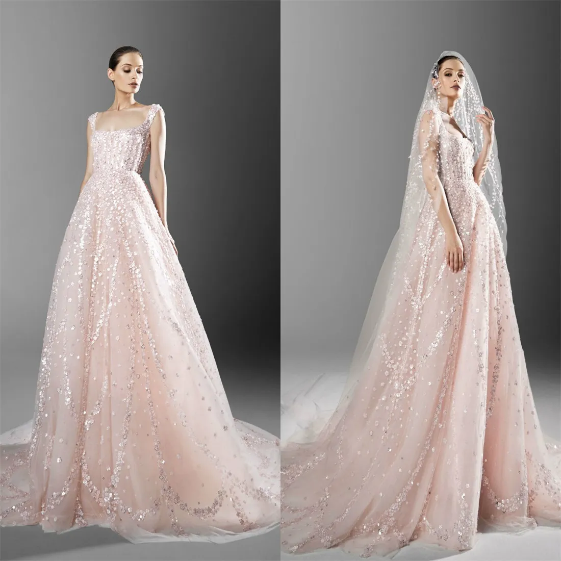 Zuhair Murad 2021 Robes de mariée printemps-été de luxe perles encolure dégagée Blush rose Robe de mariée plage robe de mariée robes de mariée