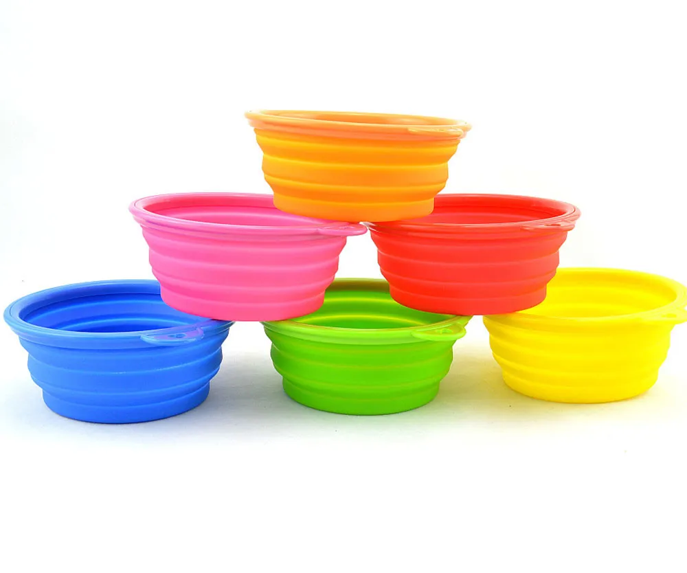 Wholesale silicone foldable pet cat dog bowl folding collapsible puppy doggy feeder water food container custom logo