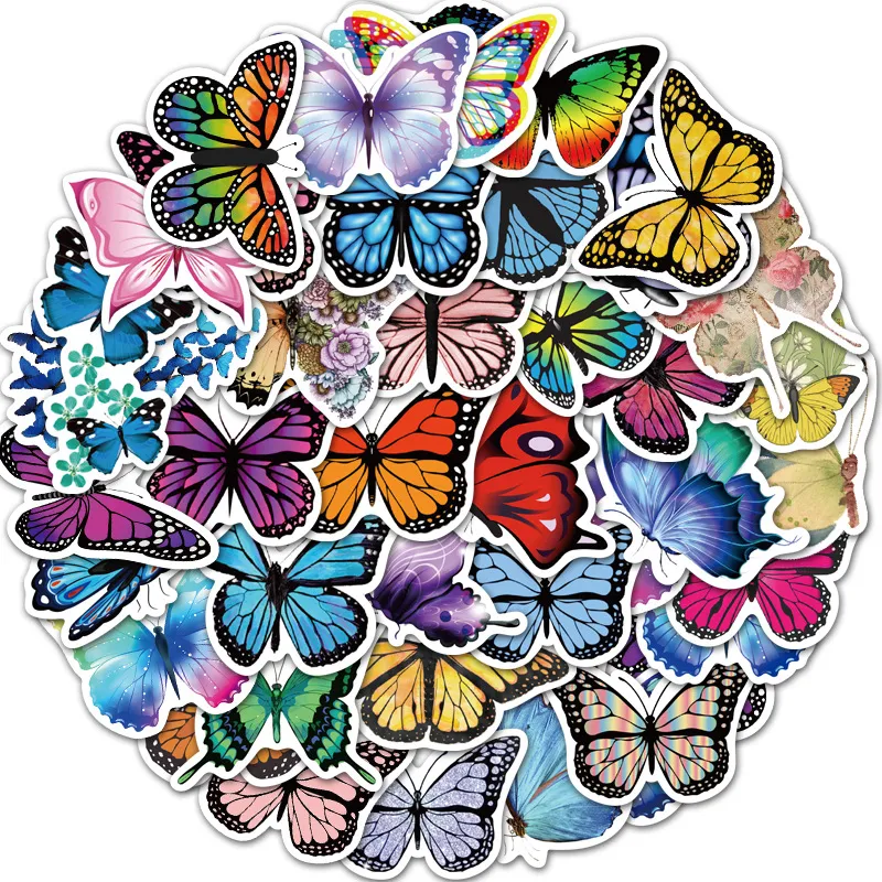 50pcs mycket alla typer av fjäril klistermärken Vacker fjäril doodle klistermärke vattentät bagage anteckningsbok vägg klistermärken hem dekoration m069