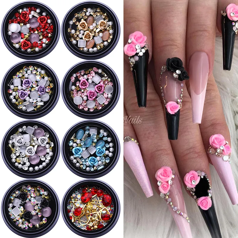 1Box 3D Nail Rhinestones Stones Mixed Colorful Decals with Nail Curved Tweezer Crystals Nails Art DIY Design Decorations