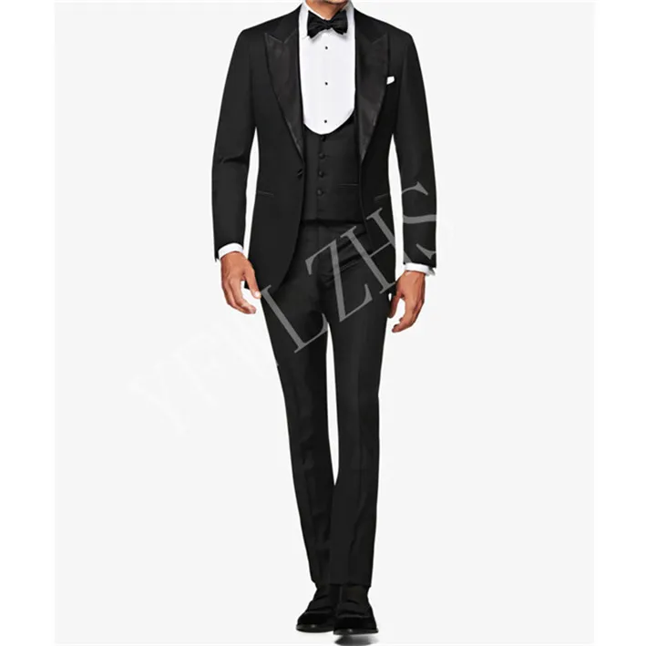 Beau One Button Groomsmen Peak Lapel Groom Tuxedos Hommes Costumes Mariage / Bal / Dîner Meilleur Blazer Homme (Veste + Pantalon + Cravate + Gilet) W379