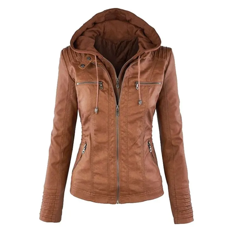 Monerffi Faux кожаная куртка женщин осенний мотоцикл плюс размер кожаный пальто повседневная длинная рукава уличная одежда с капюшоном PU T200831