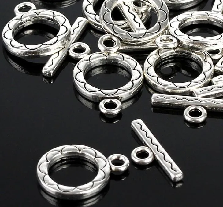 100 set/lotto argento tibetano chiusura toggle anello 12*15mm disegno del fiore catenacci rotondi per la collana del braccialetto risultati dei gioielli fai da te