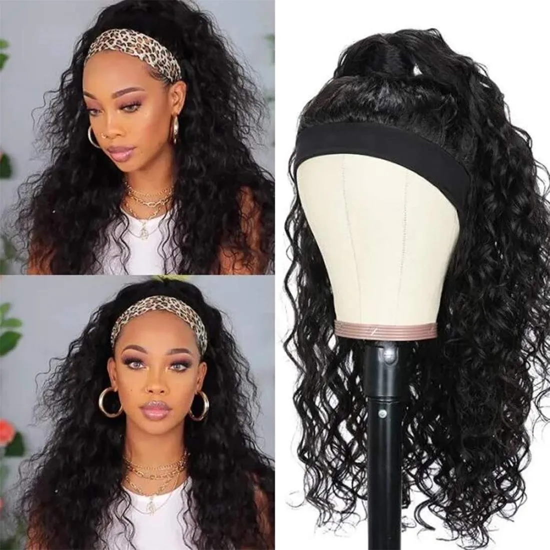 Bandeau perruque de cheveux humains pour les femmes noires, Glueless Aucun Lace Front perruque avec Bandeau Attaché Curly Soie Bandeau tête pleine perruque pour débutants