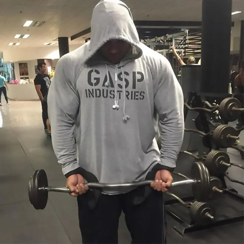 Erkek Koşu Hoodies Uzun Kollu İnce Fitness Elastik Streç Spor Salonu Vücut Geliştirme Eğitimi Pamuklu Sweatshirt Spor Giyim Tops