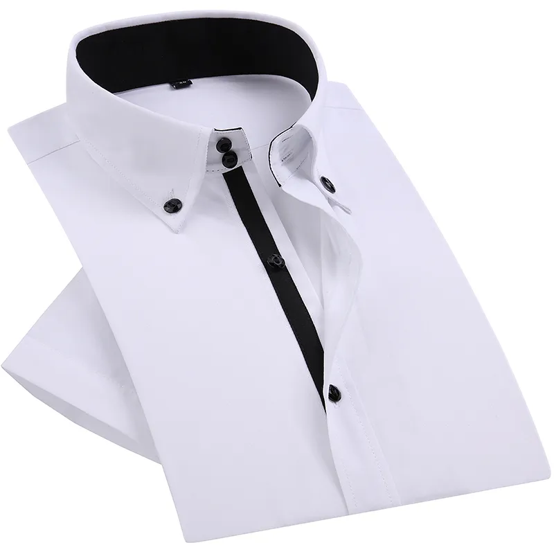 Sommar Smart Casual Diamond Knappar Mens Klänningskjorta Vit Kortärmad Luxury High Collar Slim Fit Stilfulla Business Shirts 200925