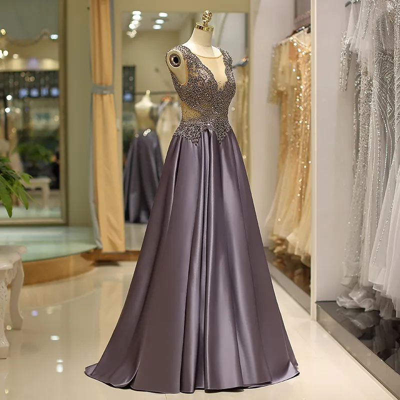 Custom-Made Grey Rhinestone Bead Lace Applique Purple Gown for Wedding with Court Train for Girls - Perfect for Weddings