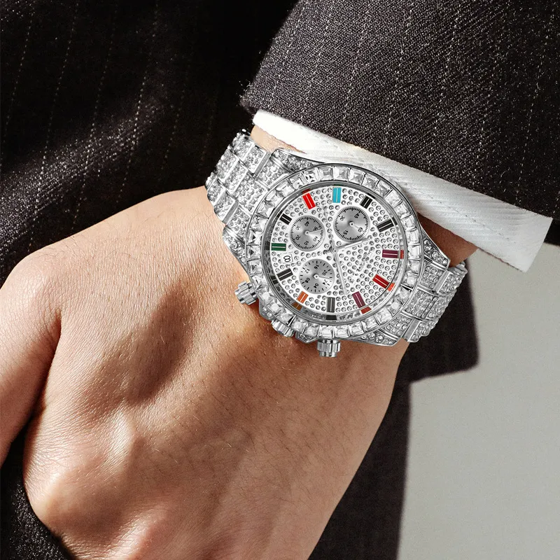 NY INS Fashion Luxury Designer Colorful Diamond Calender Date Quartz Battery Watches For Men Women Multi Functional272Q