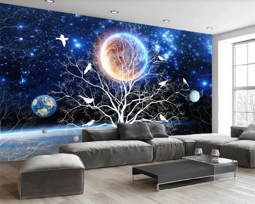 FantasyDecor 3D Landscape Wallpaper: Starry Sky Flower & Bird TV Background for Home Interior Decoration.