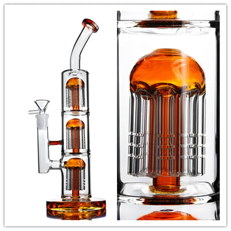 Oranje driearmige boompercs Glazen bubbler rookpijp water Glazen waterpijp 13 inch met 14 mm bowl