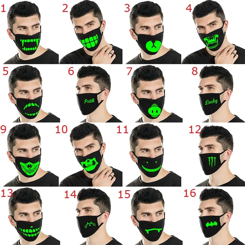 Kreskówka Czarny Usta Maska Anti Dust Unisex twarz usta mufla Halloween Luminous Czaszka Maska do Cosplay Glow w ciemności