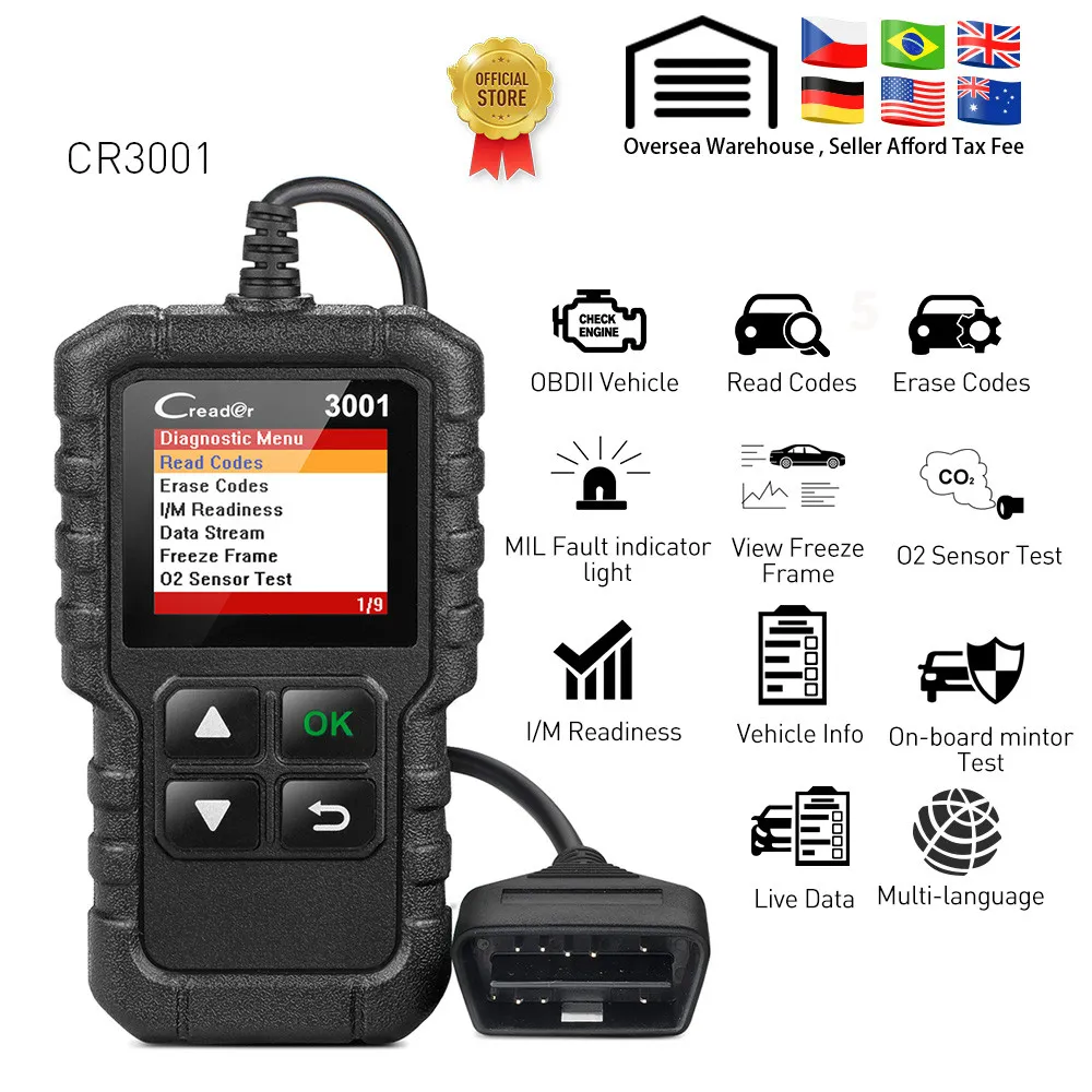 CR3001 OBD2 Kodläsare Skanner X431 CR3001 FULL OBDII-funktion Diagnostik Stäng av motorn Ljus CR319 ELM327 AD310 Bilskanningsverktyg