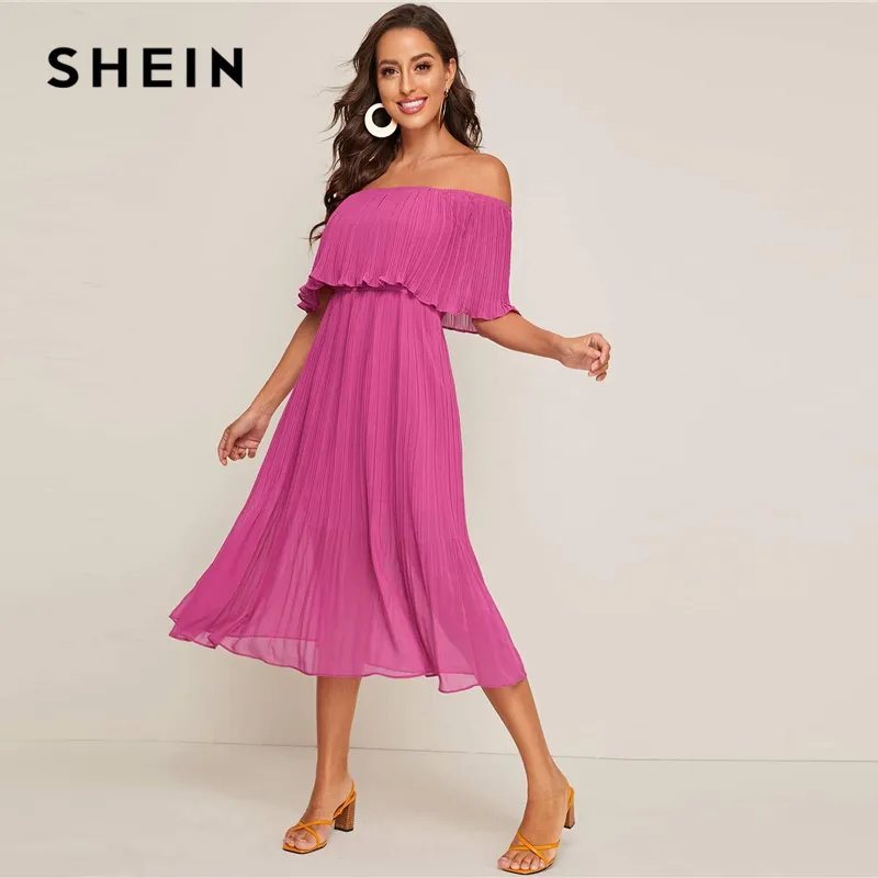 SHEIN Pink Pleated Foldover Flare Hem Chiffon Bardot Dress Women