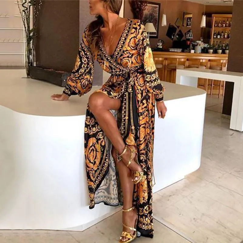 2020 Women Floral Print Spring Boho Dresses 2020 New Long Sleeve v Neck Long Dress Party Beach Holiday Club Dresses Sundress