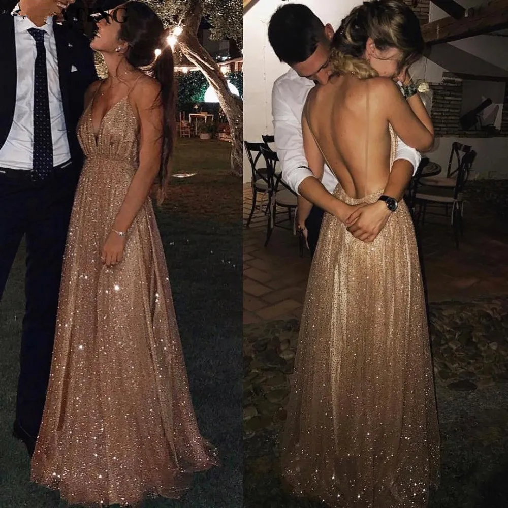 Nya Sexiga Spaghetti Straps V-Neck Backless Prom Klänningar 2020 Rose Gold Sequin Long Aftonklänning A-Line Champagne Formella Party Gowns