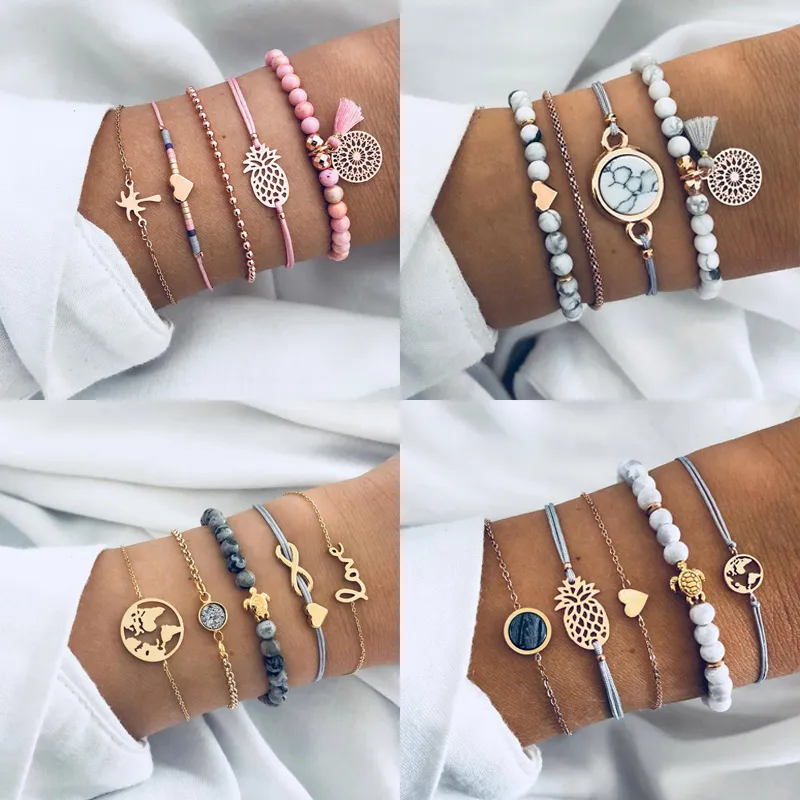 5 pçs / set prata manguito pulseiras feminino bonito mapas simples abacaxi coração borla trança pulseira jóias conjunto de hipoalergênico