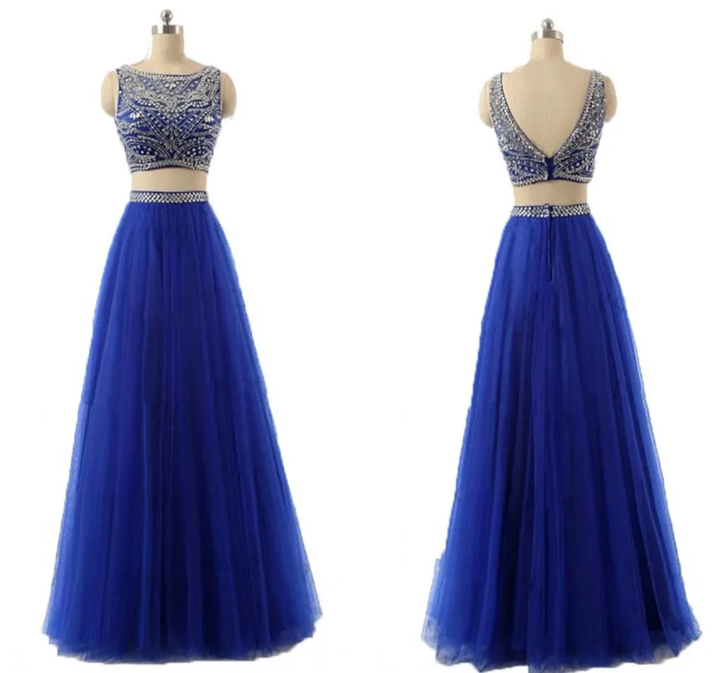 Royal Blue V Backless Suknie wieczorowe Prom Dresses Homecoming Długie Dwa Kawałki Twardy Pracujący Zroszony Kryształ Tulle Formalna Dress Party Page