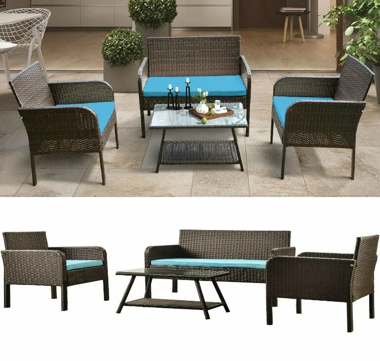 Navio De EUA RÁPIDO UPS SHIPPING 4 Piece Rattan Sofá Grupo de estar com almofadas, Exterior Ratten sofá WF190610AAC