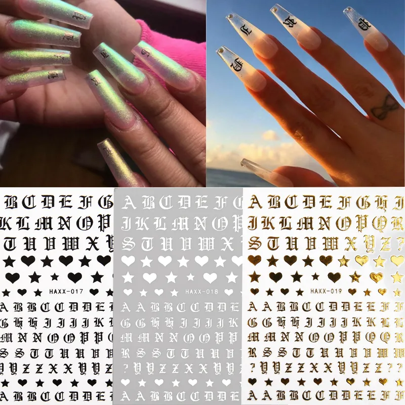 New letter design fashion 3d nail sticker decal gold black character DIY decorations art