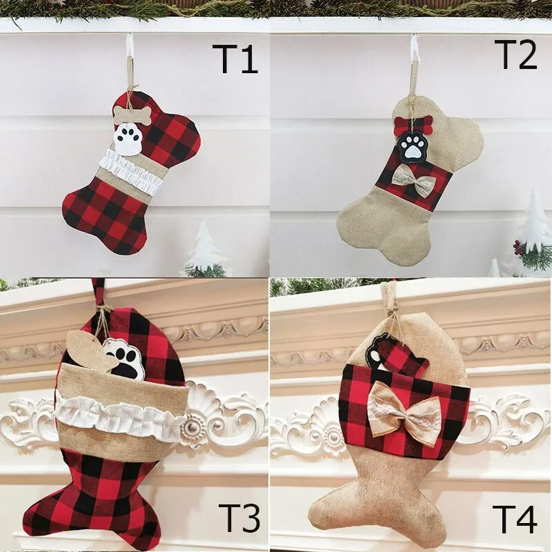 Christmas Stocking Pet Fish Bone Sock Xmas Boom Opknoping Hanger Polyester Speelgoed Gift Bag Festival Party Ornamenten