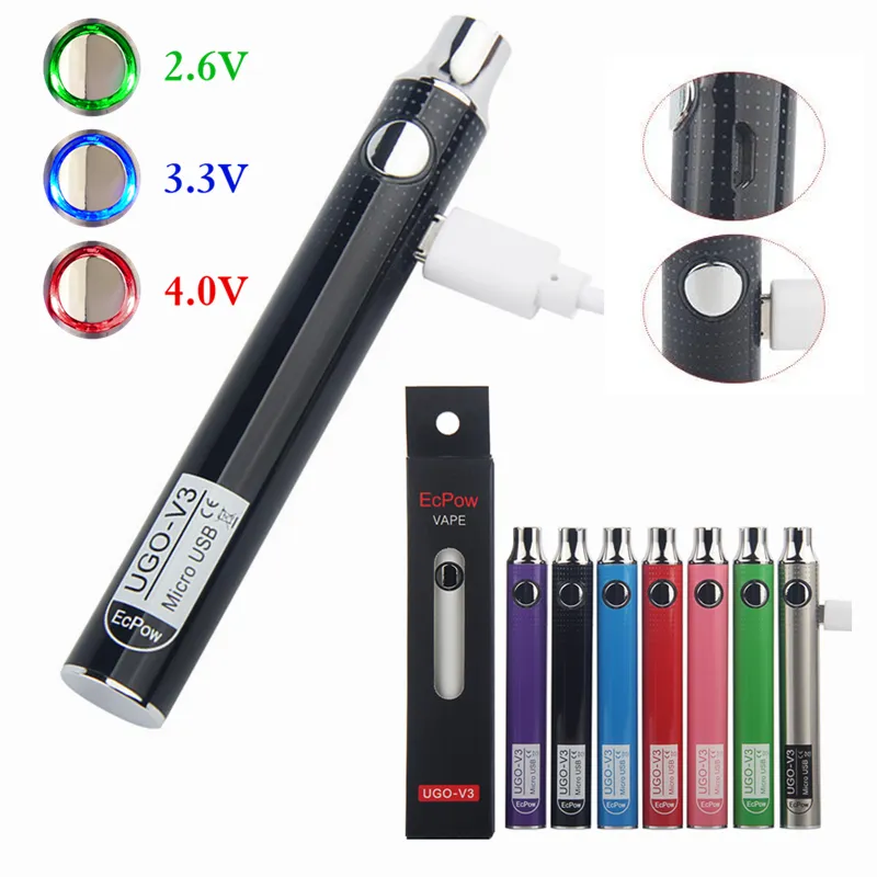 Autentica penna vape 650mah 900mah ugo v3 Batteria ricaricabile a 510 fili con preriscaldamento e tensione variabile per carrelli intelligenti per oli spessi