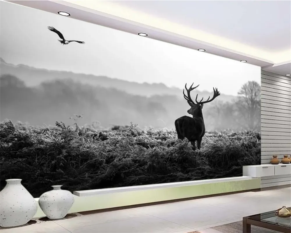 خلفيات نمط 3D الأوروبي جميل الصامت غابة صباح الضباب الأيل أبيض وأسود المناظر الطبيعية خلفية جدار 3D خلفيات الحيوانات