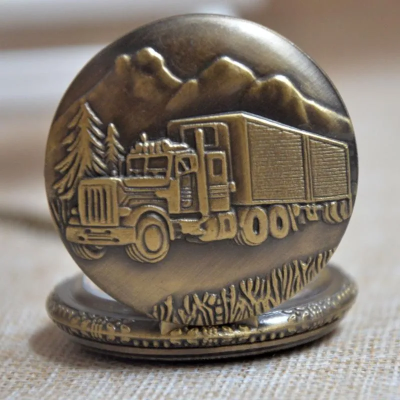 Retro Bronze Duża ciężarówka Lorry Kwarcowy Zegarek Kieszonkowy Analogowy Naszyjnik Męskie Damskie prezenty P125