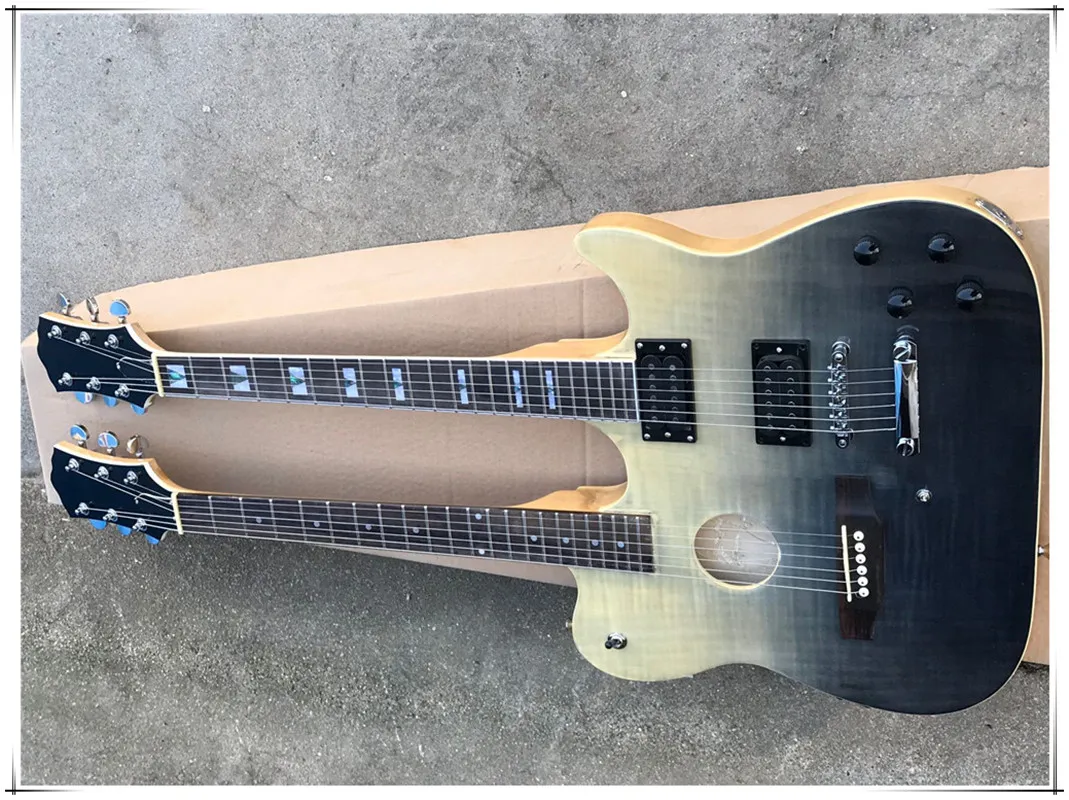 Double Neck Semi-Hollow Body 6+6 Strings Electric/Acoustic Guitar with Chrome Hardware,Rosewood Fingerboard,can be customized