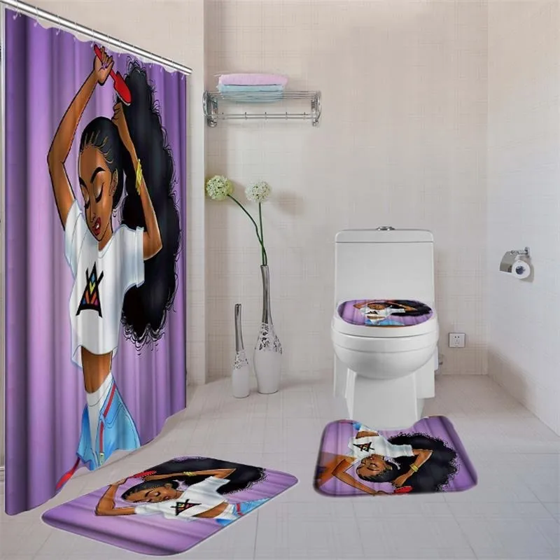 4pcs/set Bathroom Set With Shower Curtain Luxury African American Girl Shower Curtain Bath Rug Sets Toilet Cover Bath Mat Set