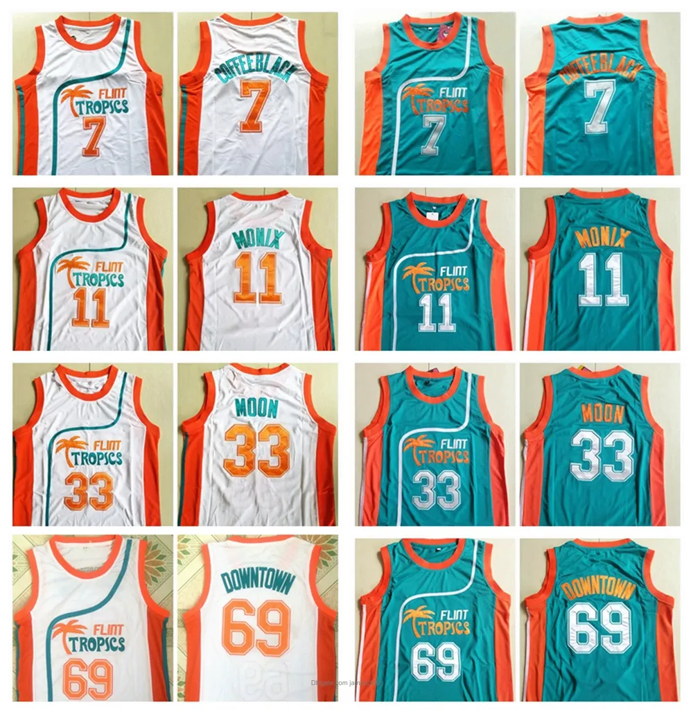 Groothandel Mens Pro Movie Jersey 11 Flint Tropics 7 Coffee Black 33 Moon Semi 69 Downtown Basketball Jerseys Alle gestikt borduurwerk