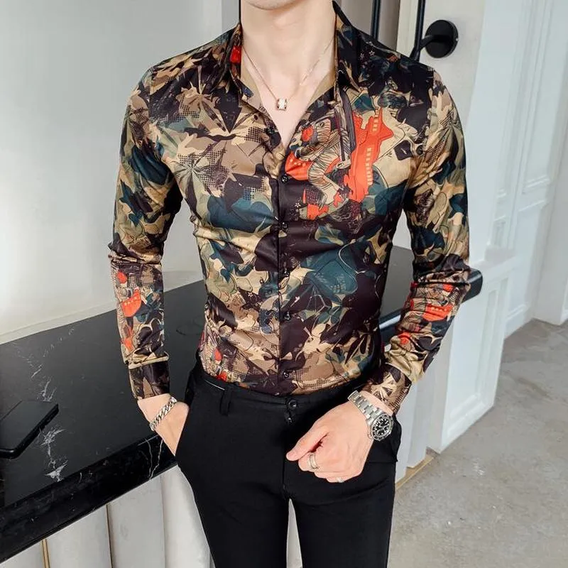 Camisa con estampado de hojas, camisa de flores de diseñador a la moda para hombres, camisas de esmoquin de lujo para hombres reales, ropa de Club, ropa informal delgada de manga larga We286P