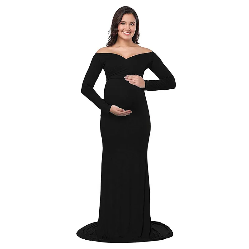 Fall Maternity Elegant utrustad klänning Foto Shoot Clothing Sleeve V Neck Ruched Slim Fit Maxi Gravid Lång Klänning D20