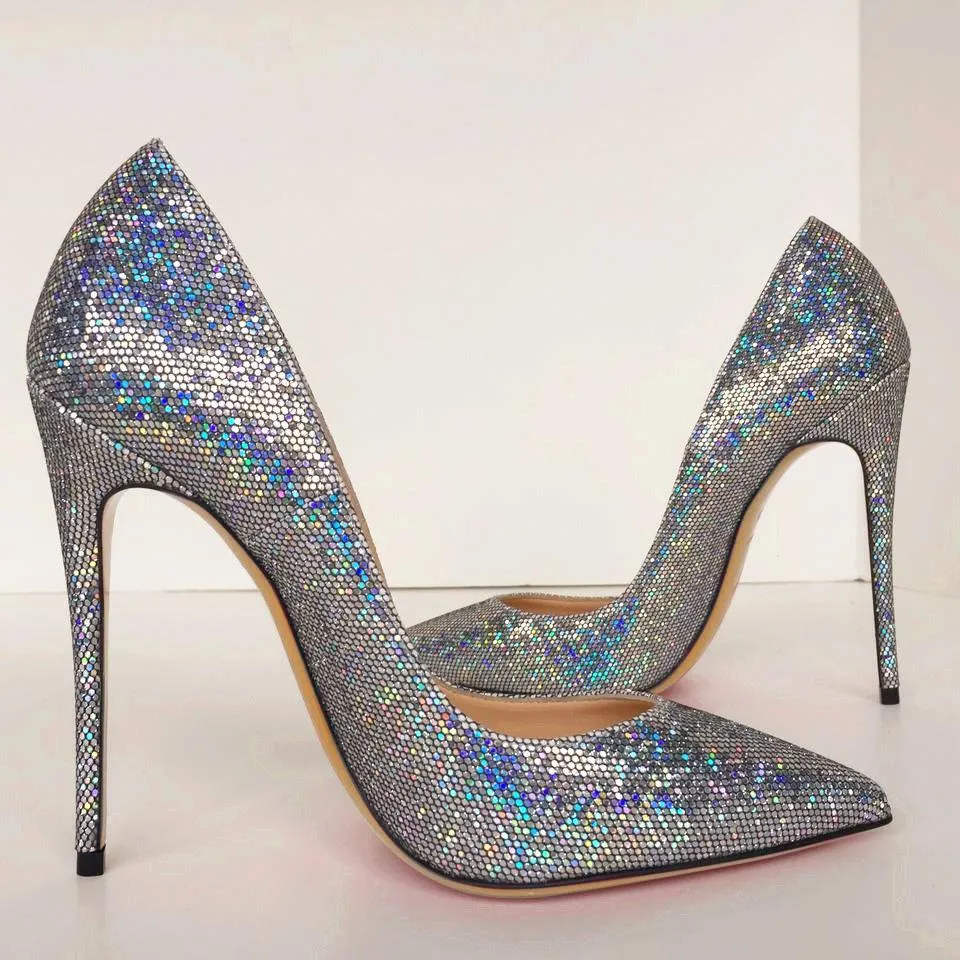 2020 Yaz Moda Kadınlar Gümüş Glitter Noktası Toe Gelin Pompaları Düğün Ayakkabı Yüksek Topuklu Hakiki Deri Gerçek Fotoğraf 12 cm 10 cm Yepyeni