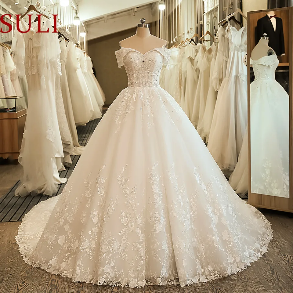 SL-5061 Abito da sposa con spalle scoperte Abito da sposa Abito da ballo Ricamo con applicazioni in pizzo Abito da sposa Boho 2020 Abito noiva taglie forti