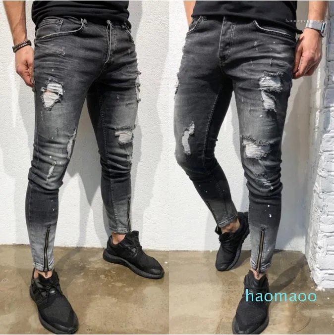 Hot Sale-Byxor Grå Fot Zipper Designer Man Jeans Casual Fashion Elasticity Penna Byxor Ungdom Hål Personlighet Mens