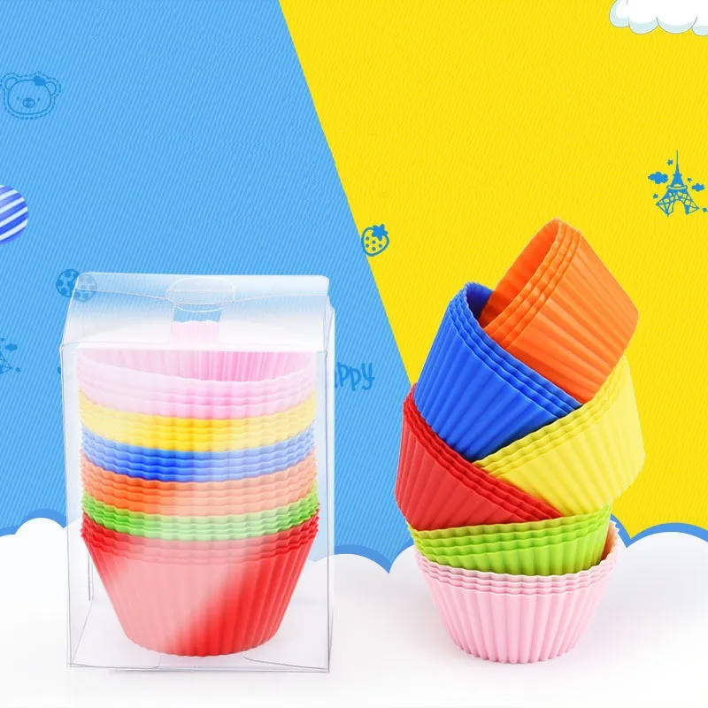 24pcs / set Rodada de silicone Muffin Cups 7cm Silicone Cupcake Cups 6 Cor 24 pcs Muffin Pan Bakeware pastelaria Ferramentas Acessórios de cozinha