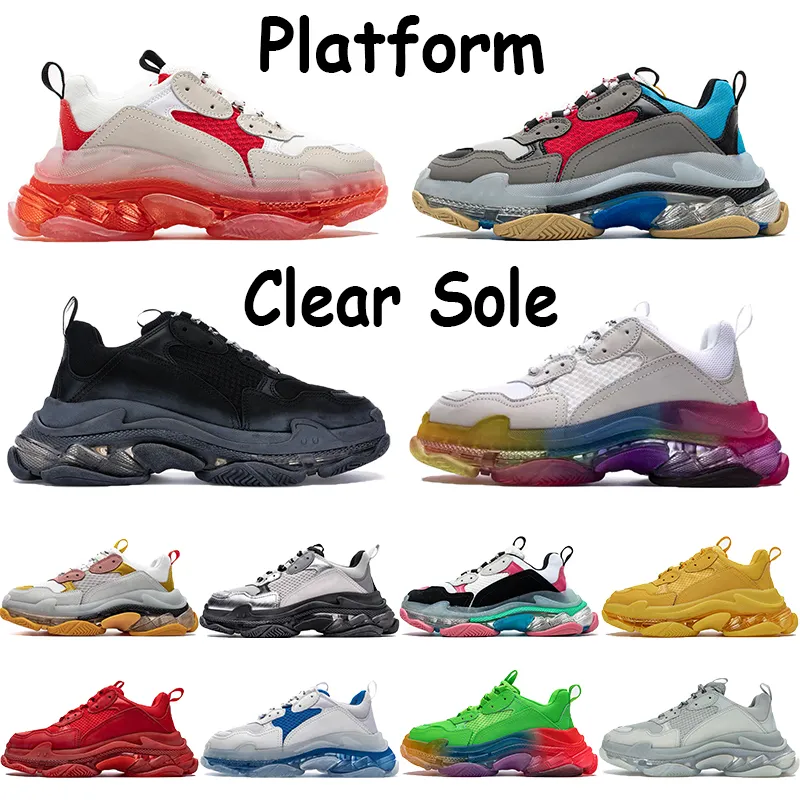 Triple S Platform Sneakers Unisex Casual Canvas Shoes with Clear Sole Height Increasing 2024 New Colorways Beige Green Yellow Black Rainbow