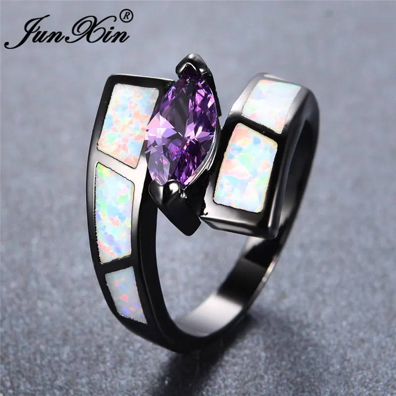 JUNXIN Boho Female Male White/Blue Fire Opal Rings For Women Black Gold Filled Pink Purple Zircon Marquise Ring Wedding Jewelry