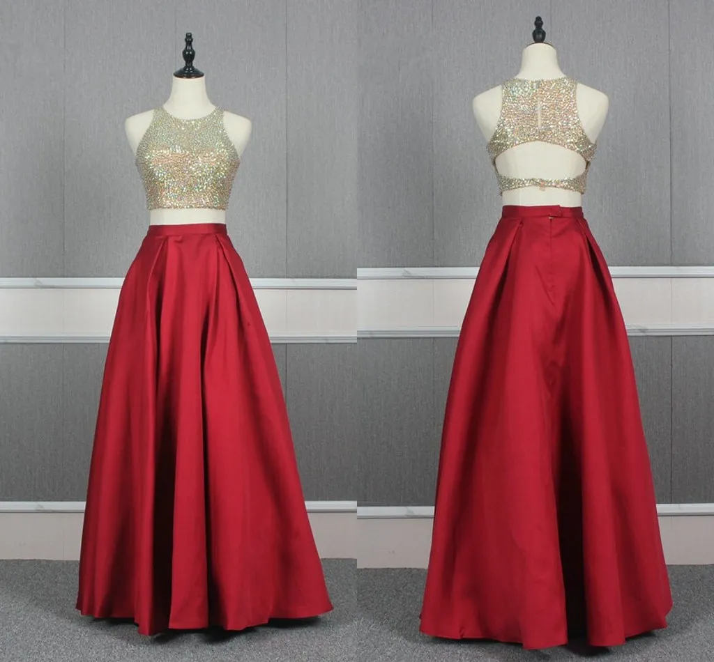 2 piezas rojo vestido de graduación largo A-line 2021 con cuentas alta joya cremallera satén vestido de noche Formal Vestidos de fiesta largos desfile Vestidos De