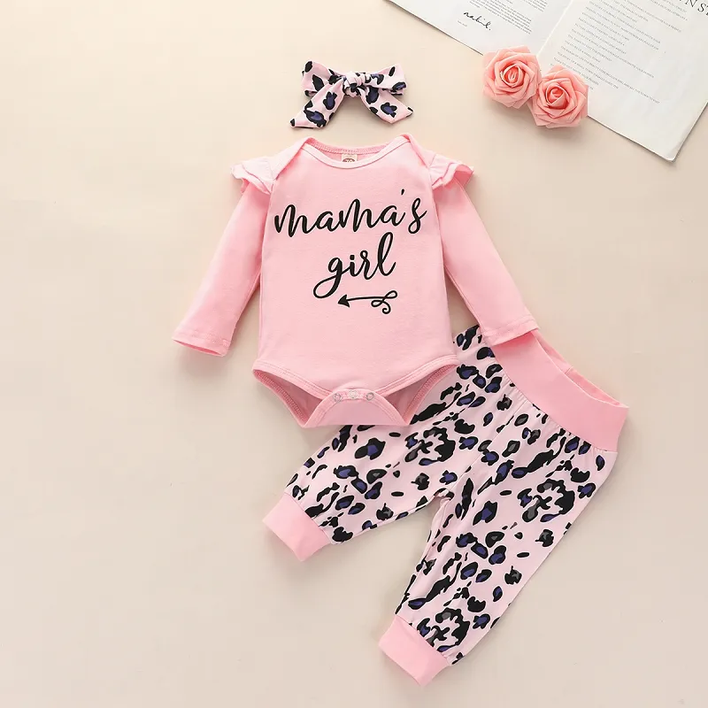 Autumn Baby Clothing Sets Long Sleeve Letters Print Romper Top + Leopard Floral Pants + Headbands Boutique Newborn Outfits M2550