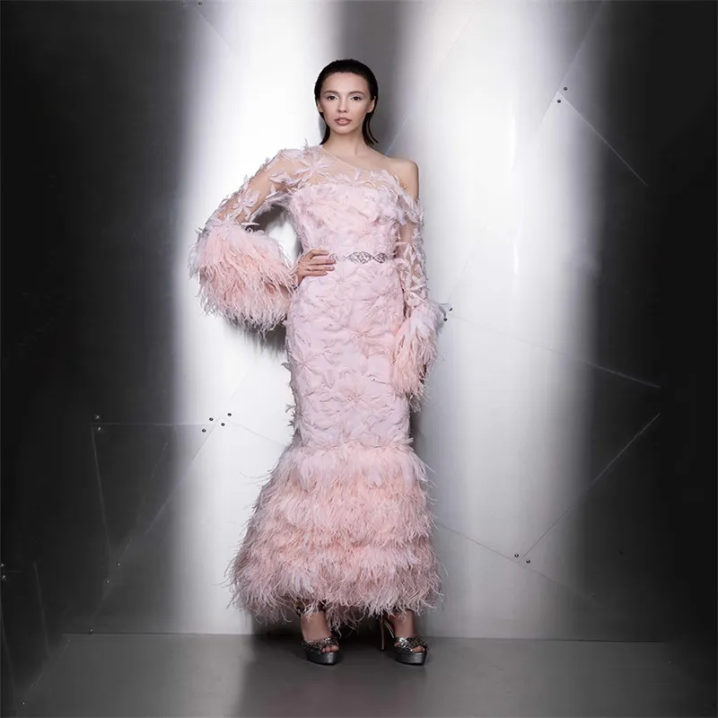Evening Dress Pink Feather Tulle Floor-Length Long Sleeve One-Shoulder  Ruched Flower Applique Prom Gown from Dhgate Evening Dresses - price 190.96