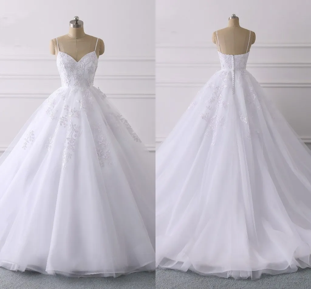 2021 Prawdziwe zdjęcie Suknia White Wedding A-Line Spaghetti V-Neck Zipper Open Back Tulle Vestidos de Novia Robes De Marioe Party Suknie ślubne