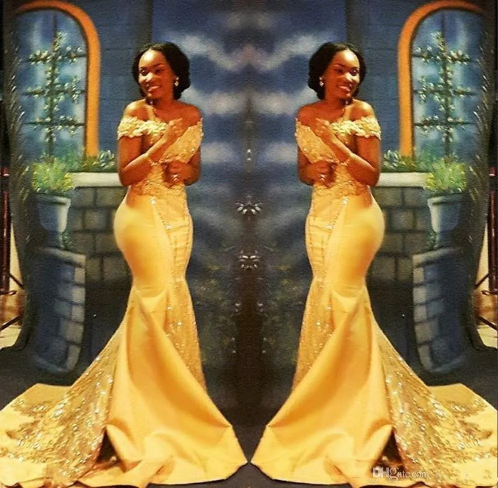 Élégant Jaune Africain Sirène Robes De Bal Longue 2023 Formelle De L'épaule De Luxe Perles Cristal Satin Arabe Trompette Robes De Soirée