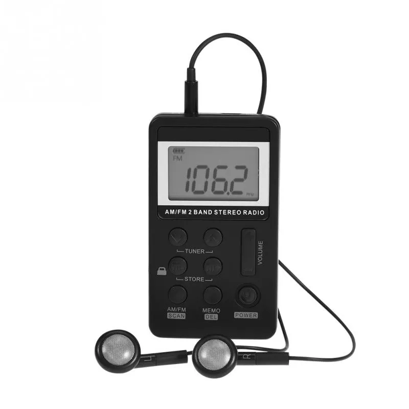 Hanrongda Mini Radio Portable AM/FM Dual Band Stereo Pocket Mottagare med Battery LCD Display Earphone HRD-103