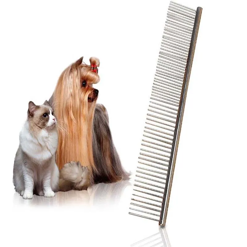 19X4cm Taglia L Acciaio inossidabile Gatto Cane Cucciolo Animali domestici Spazzola Pettine Doppia fila Denti Pettine Capelli Pelliccia Spargimento Pulci Trimmer Rastrello Grooming