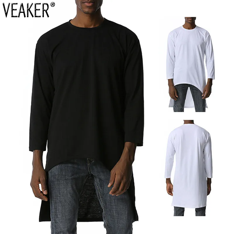 Men's T-Shirts 2021 Hip Hop Long T Shirts Male Sleeve High Street Shirt Tops Men Solid Color O Neck Tshirt S-2XL